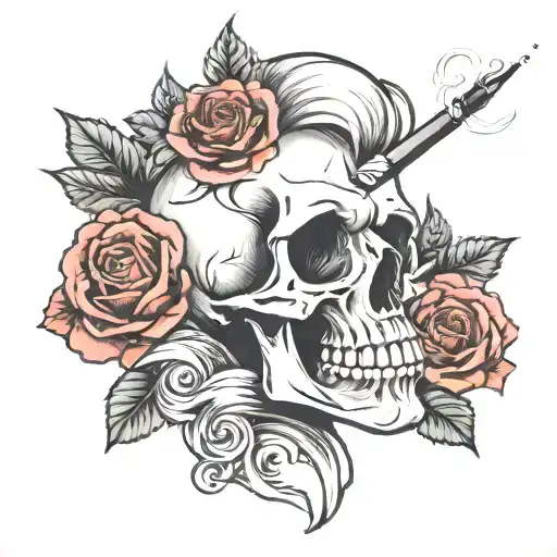 A skull with a rose in its eye smoking a cigarette tattoo design idea