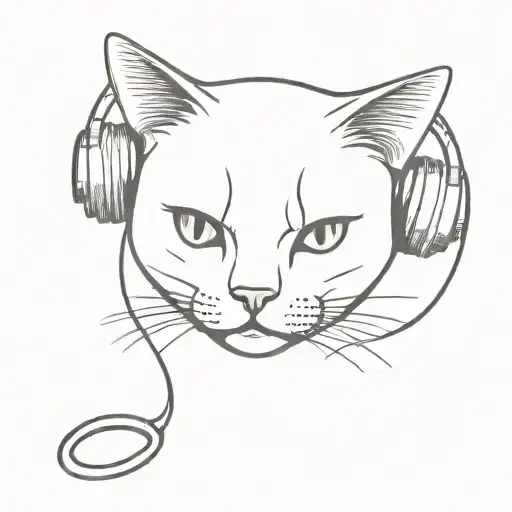 A bald cat with headphones that eats noodles tattoo design idea