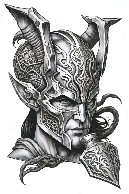 loki mask and thor hammer and lightning tattoo design idea