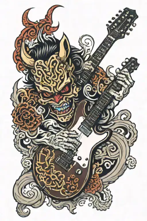 a oni mask split in half by a electric guitar with the saddington family crest beneath the guitar tattoo design idea