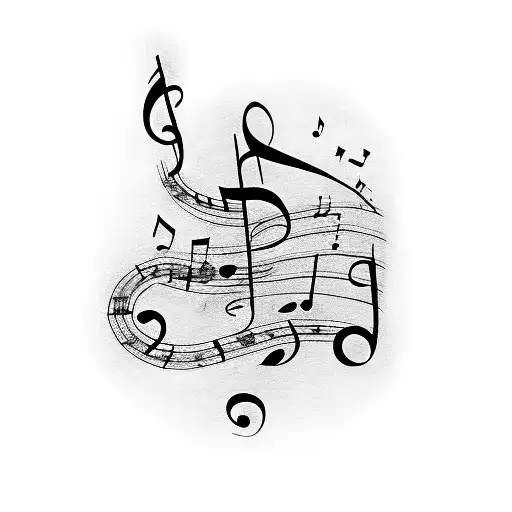 A dotwork tattoo of a music sheet with a ribbon flowing along the staves tattoo design idea
