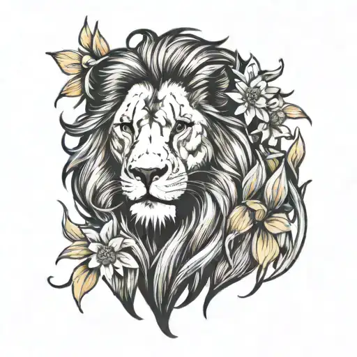 lion with daffodils and daisy in mane tattoo design idea