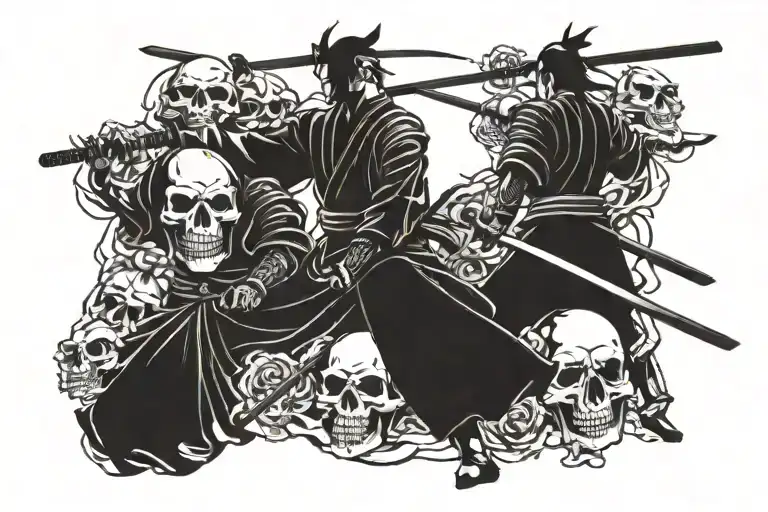 samurai and skulls facing each other tattoo design idea