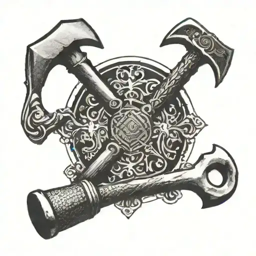 hammer and chisel crossed with markble backgroudn tattoo design idea