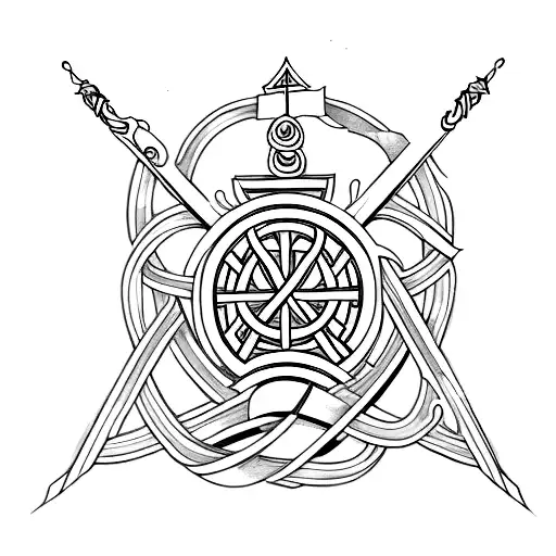 A minimalist design of crossed swords with a subtle religious symbol intertwined in the design tattoo design idea