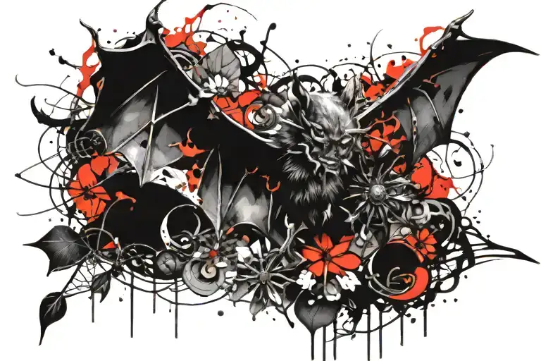 bat on fire with thorn flower tattoo design idea