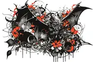 bat on fire with thorn flower tattoo design idea