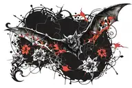 bat on fire with thorn flower tattoo design idea