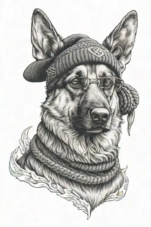German shepherd wearing a beanie and glasses tattoo design idea