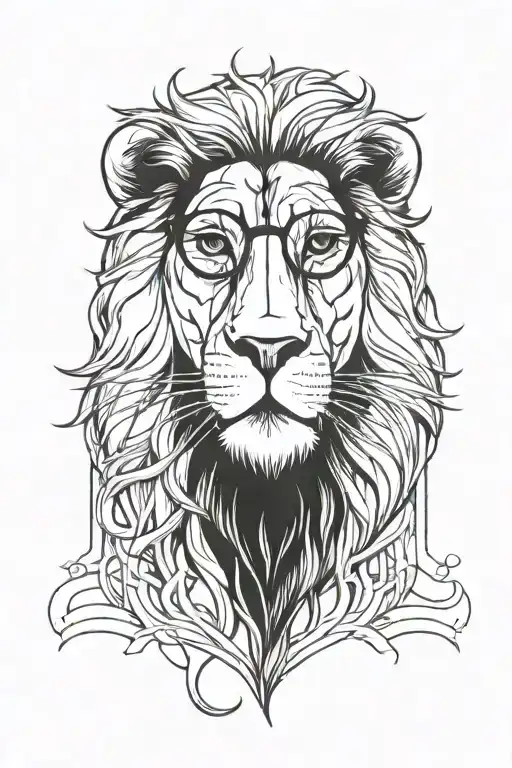 a hipster lion wearing hipster glasses on black line style tattoo design idea