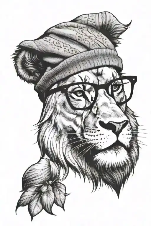 a lion head wearing a beanie and hipster glasses tattoo design idea