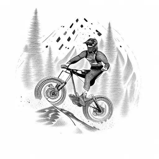 A dotwork tattoo of a mountain biker speeding down a trail tattoo design idea