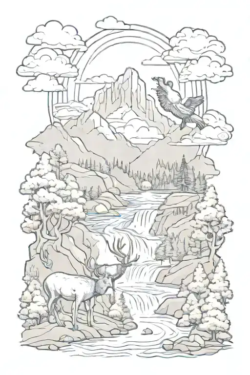 sun clouds mountain waterfall trees stream deer turkey pheasants trout  tattoo design idea