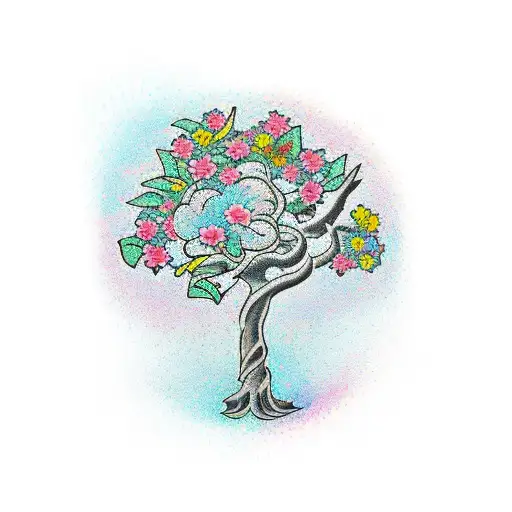 A traditional tattoo of a money tree with colorful flowers blooming from its branches tattoo design idea