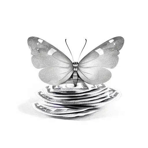 A sketch of a money butterfly resting on a stack of cash tattoo design idea