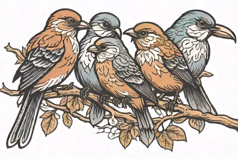 Family of 4 birds on branch representing love heart tattoo design idea