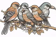 Family of 4 birds on branch representing love heart tattoo design idea