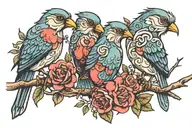 Family of 4 birds on branch representing love heart tattoo design idea