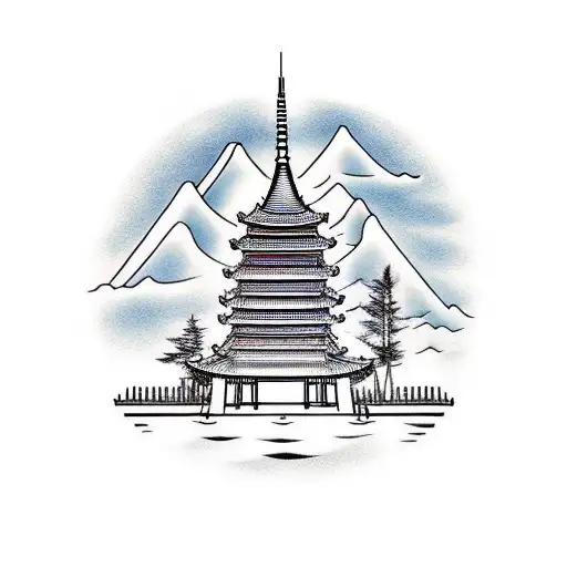 Korean temple with mountain scene in background tattoo design idea