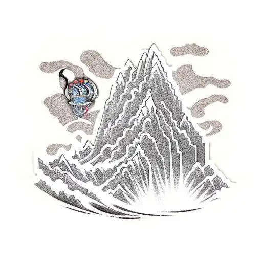 Korean temple with mountain scene and dragon in background tattoo design idea