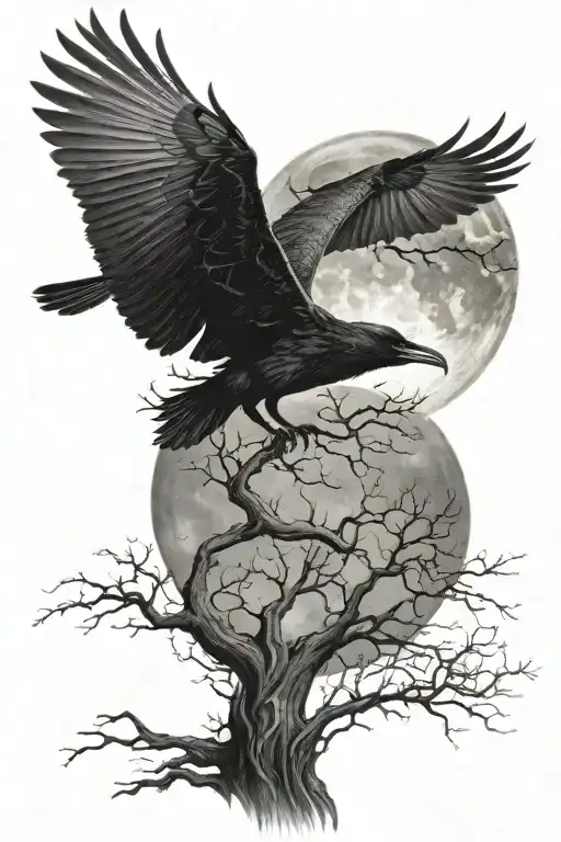 Design a tattoo of a leafless tree with a full moon behind it and ravens flying around it tattoo design idea