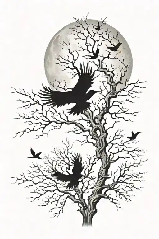 Design a tattoo of a leafless tree with a full moon behind it and ravens flying around it tattoo design idea