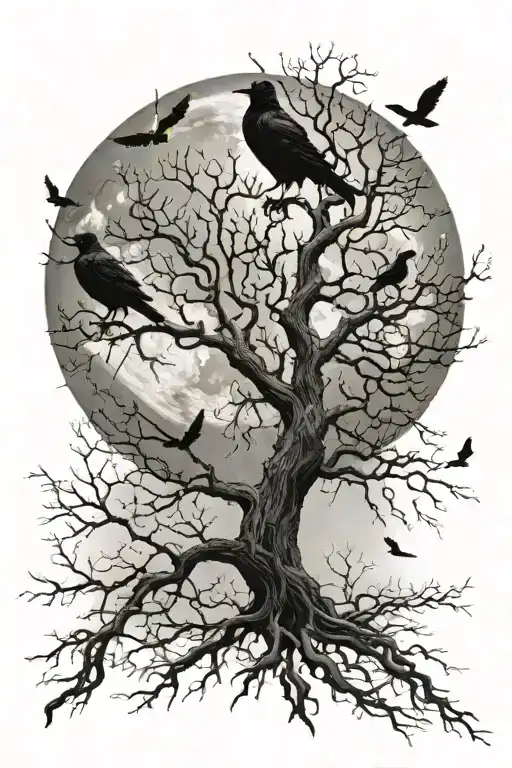 Design a tattoo of a leafless tree with a full moon behind it and ravens flying around it tattoo design idea