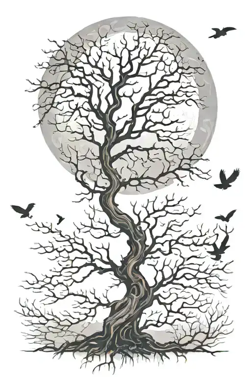 Design a tattoo of a leafless tree with a full moon behind it and ravens flying around it tattoo design idea
