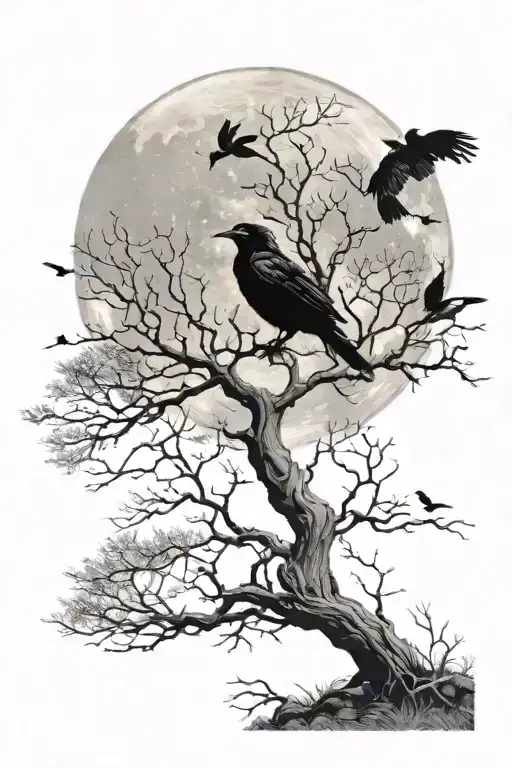 Design a tattoo of a leafless tree with a full moon behind it and ravens flying around it tattoo design idea