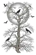 Design a tattoo of a leafless tree with a full moon behind it and ravens flying around it tattoo design idea