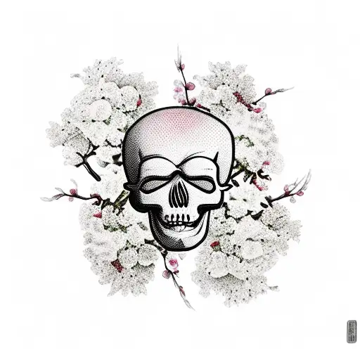 cherry blossoms around skull in oni mask tattoo design idea