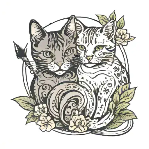 Two cats curled up together with an arrow above them and a semicolon on the bottom with flowers in it tattoo design idea