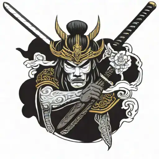 Samurai head with a sword going down wrapped by its hand  tattoo design idea