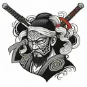 Samurai head with a sword going down wrapped by its hand  tattoo design idea