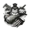 Samurai head with a sword going down wrapped by its hand  tattoo design idea