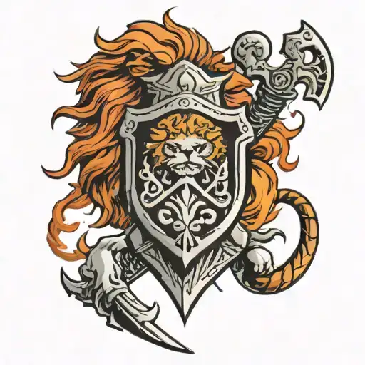 sword lion shield anvil tattoo design idea