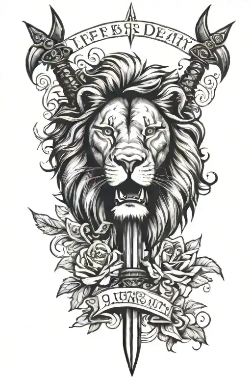 lion face with flowy sword words "life before death, strength before weakness, journey before destination"  tattoo design idea