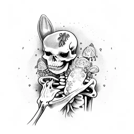 grave with headstone, skeleton arm reaching out holding a bouquet of snowdrop flowers. mushrooms and crystals all around tattoo design idea