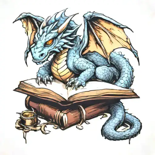 beautiful dragon sleeping on book open in front tattoo design idea