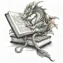 female  dragon sleeping on book open in front tattoo design idea