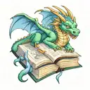 female  dragon sleeping on book open in front tattoo design idea