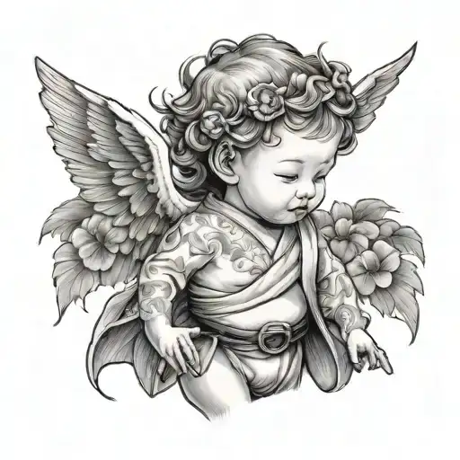 Baby angel with hair headed, kimono and black belt tattoo design idea