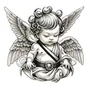 Baby angel with hair headed, kimono and black belt tattoo design idea