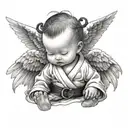 Baby angel with hair headed, kimono and black belt tattoo design idea
