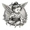 Baby angel with hair headed, kimono and black belt tattoo design idea