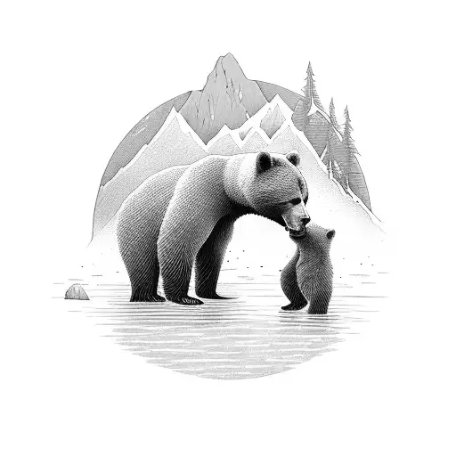 A serene landscape with a mother bear and her cubs fishing by a river tattoo design idea