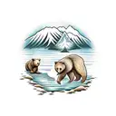 A serene landscape with a mother bear and her cubs fishing by a river tattoo design idea