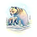 A serene landscape with a mother bear and her cubs fishing by a river tattoo design idea