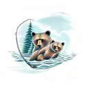 A serene landscape with a mother bear and her cubs fishing by a river tattoo design idea