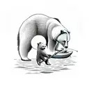 A serene landscape with a mother bear and her cubs fishing by a river tattoo design idea